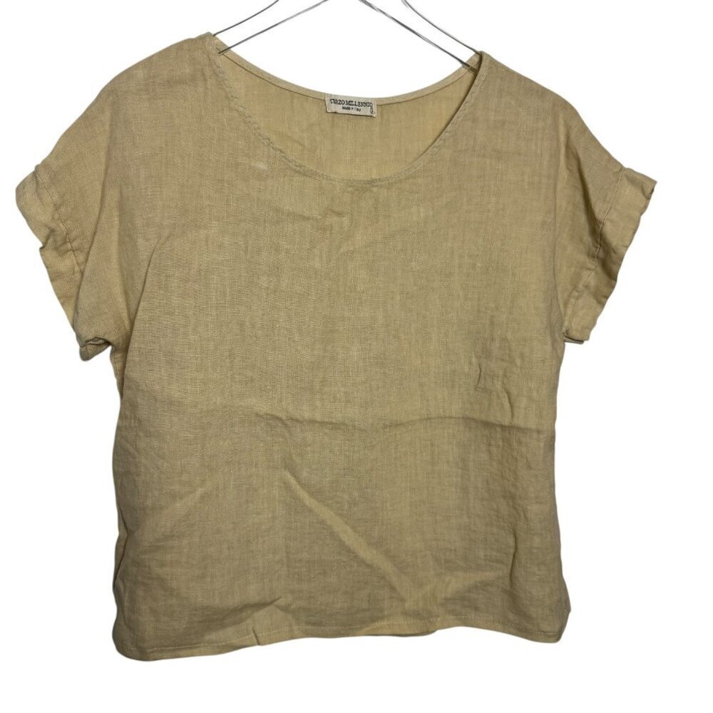 Terzo Millennio Made in Italy Size Small 100% Linen Button Back Top Beige Tunic